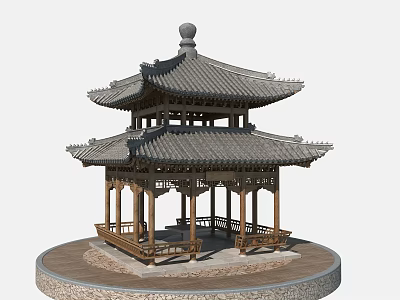 Traditional Chinese Pavilion With Two Tiered Roof Wooden Frame And Circular Stone Base 3d model