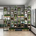 Modern Indoor Green Plant Display With Multi Tier Black Metal Wooden Shelf Unit