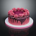 Delicious Pink Cream Cake With Rose Decorations And Chocolate Drizzle On White Plate