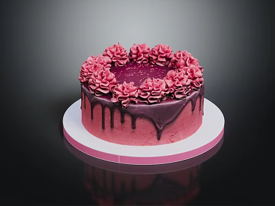 Delicious Pink Cream Cake With Rose Decorations And Chocolate Drizzle On White Plate 3d model