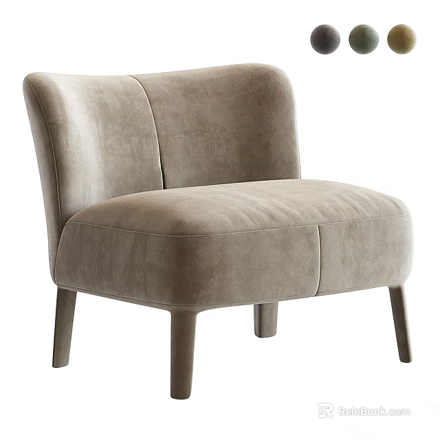 Modern Beige Velvet Single Seater Sofa With Curved Backrest And Wooden Legs 3d model 