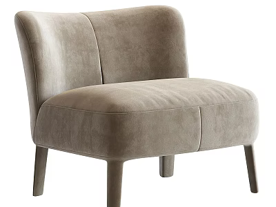 Modern Beige Velvet Single Seater Sofa With Curved Backrest And Wooden Legs 3d model
