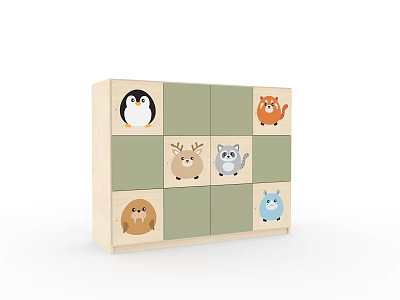 Wooden Nine Grid Storage Box With Cute Animal Designs For Children 3d model