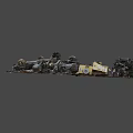 Old Scrap Car Wreckage Pile With Broken Mechanical Parts And Junk Machinery