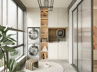 Modern Home Balcony Interior With Laundry Area Washing Machine Storage Shelves And Plants 3d model