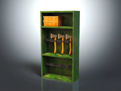 Multi Tiered Green Storage Shelf with Orange Wooden Box and Three Axes 3d model