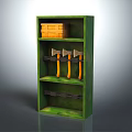Multi Tiered Green Storage Shelf with Orange Wooden Box and Three Axes