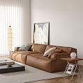 Modern Leather Sofa And Coffee Table Set With Decorative Pillows Floor Lamp And Wall Art