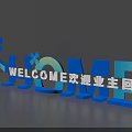 3D WELCOME Letters with Tourism Theme Decorative Flowers and Curved Blue Green Gradient Design