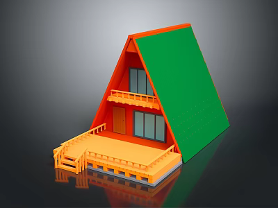 Triangular Roof House With Green Roof Orange Exterior Wooden Deck And Stairs 3d model