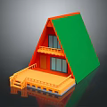 Triangular Roof House With Green Roof Orange Exterior Wooden Deck And Stairs