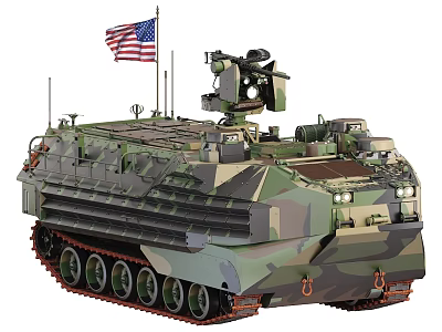 Military Tank With American Flag Camouflage Paint And Surveillance Equipment On Top Tracks And Wheels 3d model