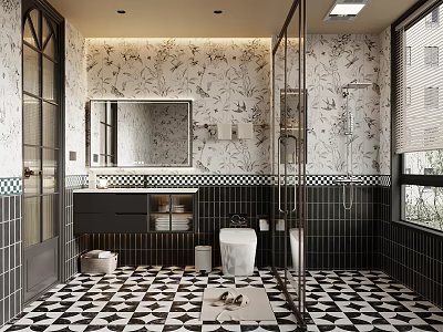 Elegant Bathroom Interior Featuring Floral Wallpaper Black And White Checkered Floor Mirror Vanity And Shower 3d model