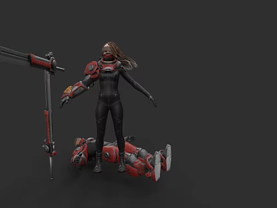 Man in Black and Red Mechanical Suit with Machinery and Red Mechanical Parts 3d model