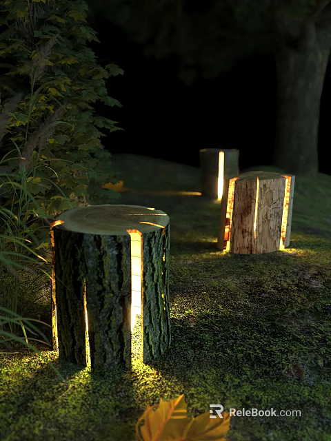 Natural Wooden Tree Stump Shaped Outdoor Lights with Bark Texture Illuminated in Garden 3d model 