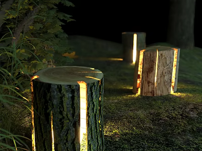 Natural Wooden Tree Stump Shaped Outdoor Lights with Bark Texture Illuminated in Garden 3d model