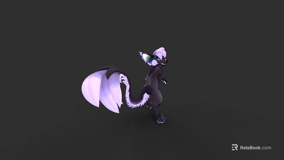 Fantasy Reptile Character Design With Black Body White Tail And Blue Ears In Standing Pose 3d model 