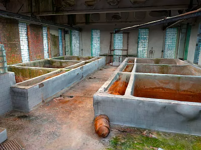 Abandoned Industrial Site With Concrete Tanks Brick Walls Windows And Rusted Floor 3d model