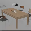 Modern Wooden Dining Table Set With Four Chairs Vase Fruits And Pendant Light