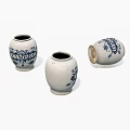 Three White And Blue Ceramic Jars With Decorative Patterns On White Surface 3d model