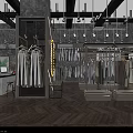 Stylish Clothing Store Interior With Hanging Dresses Display Racks Lights And Chevron Flooring