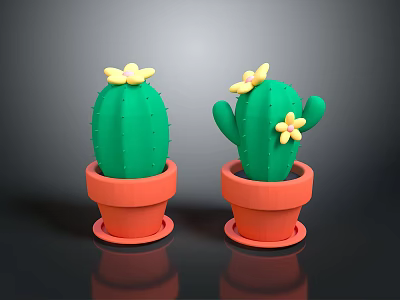 Two Green Cacti in Orange Pots with Yellow Flowers as Decorative Plants 3d model