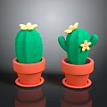 Two Green Cacti in Orange Pots with Yellow Flowers as Decorative Plants