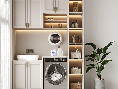 Modern White Bathroom Cabinet With Washing Machine Storage Baskets LED Lighting And Green Plant 3d model