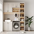 Modern White Bathroom Cabinet With Washing Machine Storage Baskets LED Lighting And Green Plant