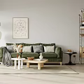 Modern Living Room Interior With Green Sofa Wooden Coffee Table Floor Lamp And Wall Painting