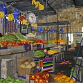 Vibrant Fruit Store Displaying Fresh Banana Bunches Watermelons Apples Melons And Various Fruits