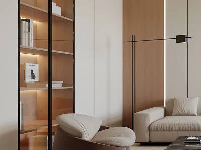 Contemporary Accent Chair In Stylish Living Space With Lit Bookshelf Floor Lamp And Beige Sofa 3d model
