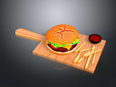 Juicy Hamburger Served With French Fries And Sauce On Wooden Cutting Board 3d model