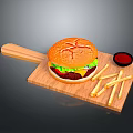 Juicy Hamburger Served With French Fries And Sauce On Wooden Cutting Board