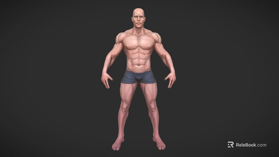 Muscular Bald Man 3D Model Standing in Blue Shorts and Bare Torso 3d model 