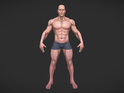 Muscular Bald Man 3D Model Standing in Blue Shorts and Bare Torso 3d model