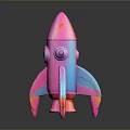 Pink Toy Rocket Model With Red Eyes And Blue Accents On Black Background