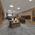 Modern Clothing Store Interior With Wooden Shelves Hanging Clothes Display Tables And Ceiling Lights