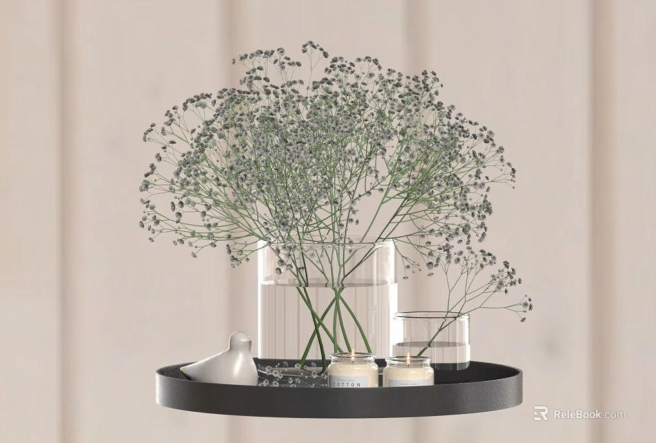 Decorative Ornament Set With Black Tray Transparent Vase Green Plants White Bird And Candle 3d model 