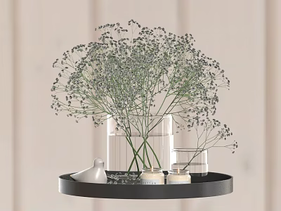 Decorative Ornament Set With Black Tray Transparent Vase Green Plants White Bird And Candle 3d model