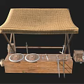 Traditional Wooden Tool Stand With Woven Top Wooden Box Metal Plates Tools And Mesh