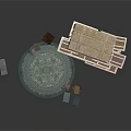 Stacked Wooden Crates With Open Containers And Round Mat