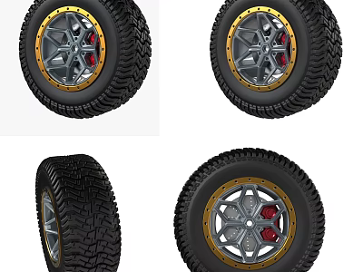 Off-Road Tires Design Featuring Hubcaps With Gold Rim And Silver Spokes And Red Brake Calipers 3d model