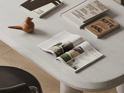 Open Coffee Themed Magazines And Books With Interior Design Pages And Wooden Bird Decor 3d model