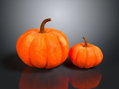 Household Decorative Orange Pumpkins Large And Small On Black Reflective Surface 3d model