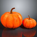 Household Decorative Orange Pumpkins Large And Small On Black Reflective Surface 3d model