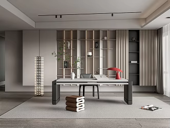 Modern Study Desk and Chair Bookcase Floor Lamp Curtain Fireplace 3d model