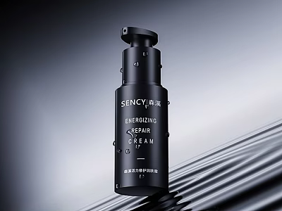 Black SENCY PURE Energizing Repair Serum Bottle With Water Droplets On Dark Wavy Texture Surface 3d model