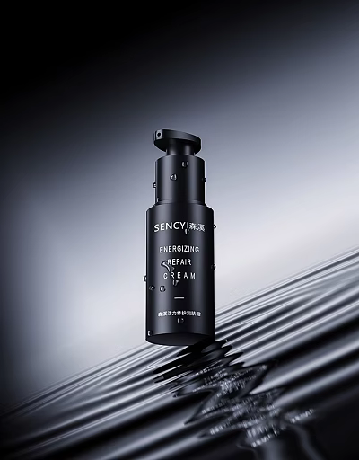 Black SENCY PURE Energizing Repair Serum Bottle With Water Droplets On Dark Wavy Texture Surface 3d model