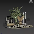 Decorative Ornament Set with Eucalyptus Plant Wine Glasses Books Candles and Dried Flowers